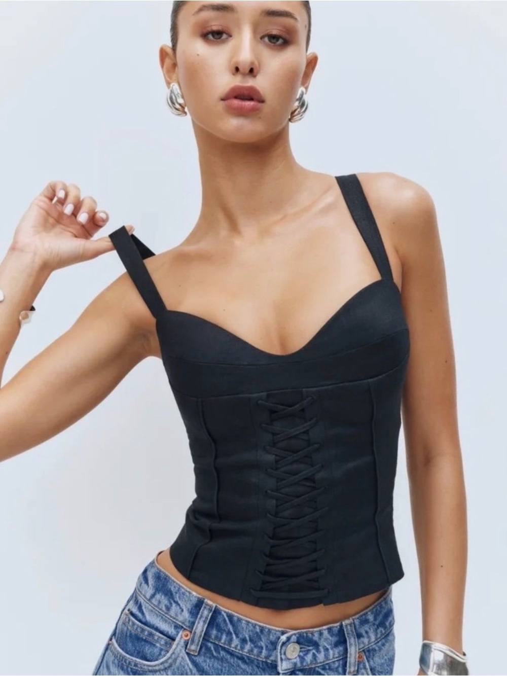 Reformation Black Lace-Up Corset Camisole